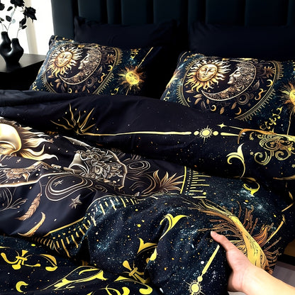 3pcs Duvet Cover Set, Polyester 90g Woven, Digital Printed Golden Sun Moon Planet Pattern, Machine Washable, All-season for Home Dormitory, 1 Duvet Cover + 2 Pillowcases (No Insert)