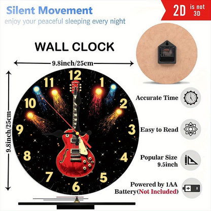 bell Z, 1pc Guitar Theme Wooden Wall Clock- Silent Non-Ticking Japanese Quartz Movement, AA Battery Powered(Not Included), Bright Red Electric Guitar and Fireworks Star Pattern, Round Shape Suitable for Living Room, Bedroom,