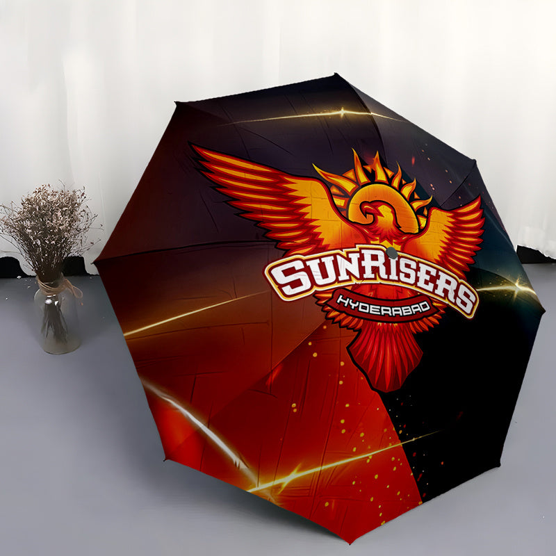 Sunrisers Hyderabad Team-Themed Automatic Folding Umbrella - 8-Rib Durable Design, Windproof & Portable Travel Umbrella with Vibrant Logo, Ideal for Holiday Gifts, Black with Red & Yellow Accents, Travel Umbrella | Team Theme