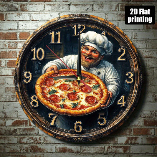 1pc Pizza Chef Wall Clock - Farmhouse Kitchen Decor with Chef Holding Pizza, Non-Ticking Easy-to-Read Large Numbers, Battery-Powered (AA Not Included) - Perfect for Home, Office, Birthday or Housewarming Gift - 9.8x9.8 Inch A