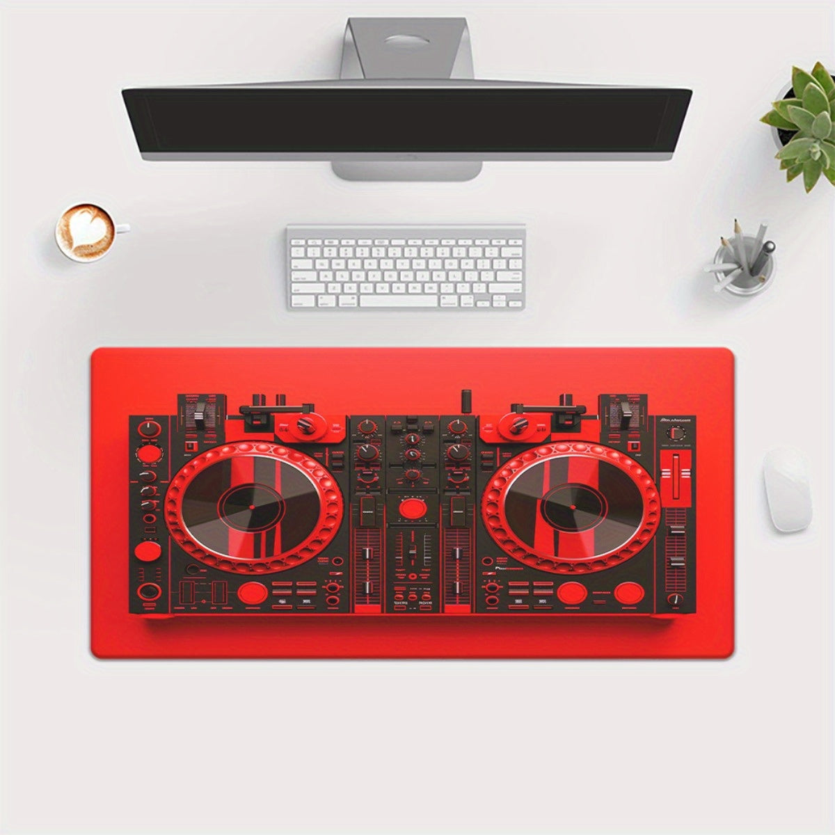 1pc XXL Red DJ Equipment Design Gaming & Office Mouse Pad - Non-Slip Rubber Base, Multi-Functional Large Desk Mat for Computer, Music Production, DJ Setup, Home & Studio Decor, Dj Gifts, Computer Workspace, Modern Workspace,