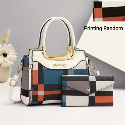 2pcs Set Fashion Plaid Handbag for Women, Zipper Closure, Polyester Lined, Edge Painted, Random Pattern, Versatile Colors - Black, White, Red, Purple, Earthy Yellow