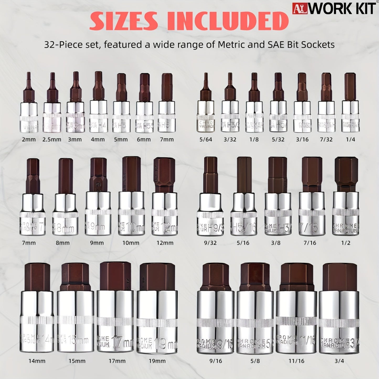 S2 & Cr-V Steel 32pcs Hex Bit Socket Set - SAE & Metric Sizes, 1/4", 3/8", 1/2" Drive, Alternative to Hex Wrenches, with Manual and Ratchet Handles - Ideal Gift for Father'S Day and Holidays