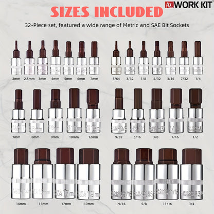 S2 & Cr-V Steel 32pcs Hex Bit Socket Set - SAE & Metric Sizes, 1/4", 3/8", 1/2" Drive, Alternative to Hex Wrenches, with Manual and Ratchet Handles - Ideal Gift for Father'S Day and Holidays