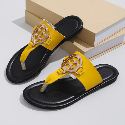Elegant Women's Slide Sandals with Metallic Buckle - Casual Open Toe, Soft Cushioned Sole, Lightweight Flat Heel, Black Faux Cover - Easy Slip-On, Rubber Sole for Comfort