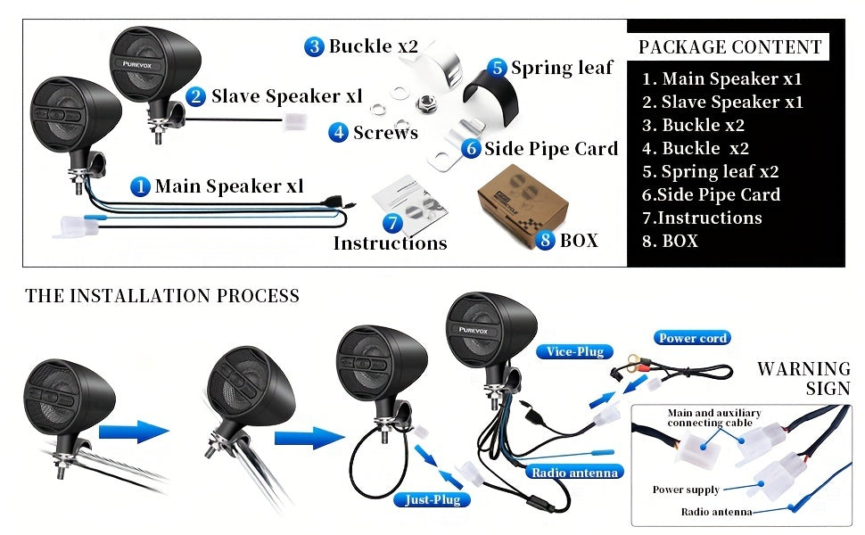 Motorcycle Speakers Waterproof Wireless Motorcycle Audio Stereo Speaker System with USB AUX Mp3 Music Player Fit for 1'' to 1.3'' Handlebar