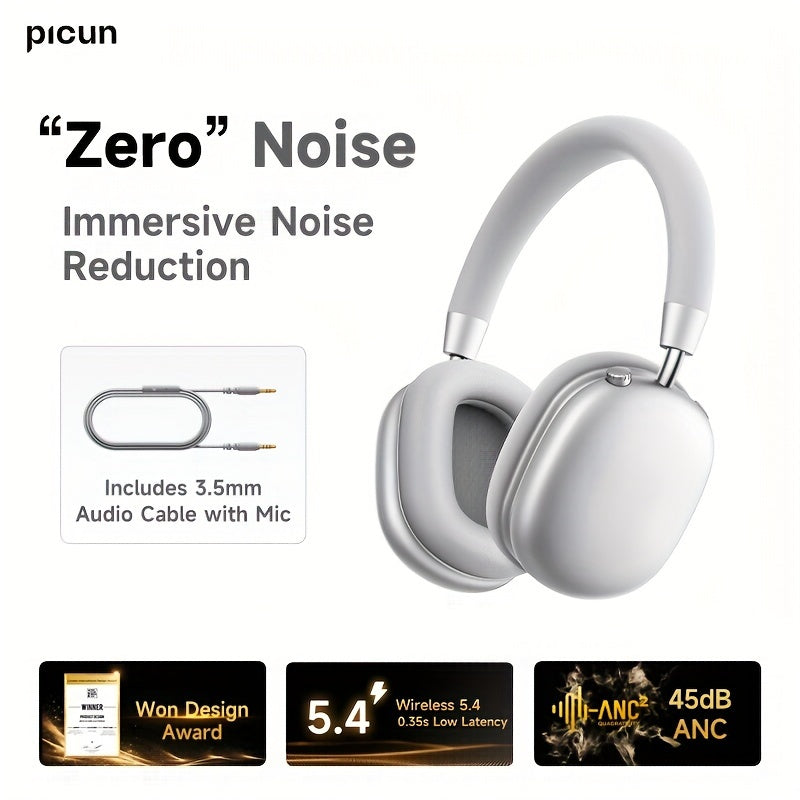 Picun F5 Hybrid ANC Wireless Headphones with 45dB Noise Cancellation, Wireless 5.4 Low-Latency, Spatial Audio, Hybrid ANC/Passive Mode, -C/, Compatible with PC/Laptop/Tablet/Skiing Headphones, 3.5mm Cable & Built-in Mic