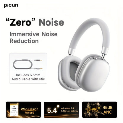 Picun F5 Hybrid ANC Wireless Headphones with 45dB Noise Cancellation, Wireless 5.4 Low-Latency, Spatial Audio, Hybrid ANC/Passive Mode, -C/, Compatible with PC/Laptop/Tablet/Skiing Headphones, 3.5mm Cable & Built-in Mic