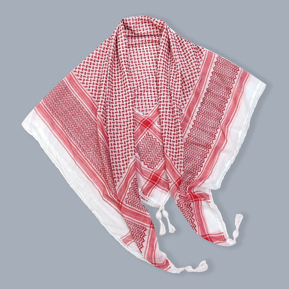 Arabic Headscarf, Ethnic Jacquard Headscarf, Traditional Red and White Checkered Breathable Large Scarf, Sun Protection and Sandproof Face Scarf, Unisex, Outdoor Vacation Hiking Windproof Sand Scarf