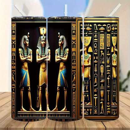 1pc Egyptian Hieroglyphs & Pharaohs Tumbler with Lid & Straw - 12oz/20oz Insulated Travel Mug, Double-Wall Vacuum Cup with Golden & Black Egyptian Design, Tutankhamun & Anubis Pharaohs, Ideal Gift for History Buffs, Christmas