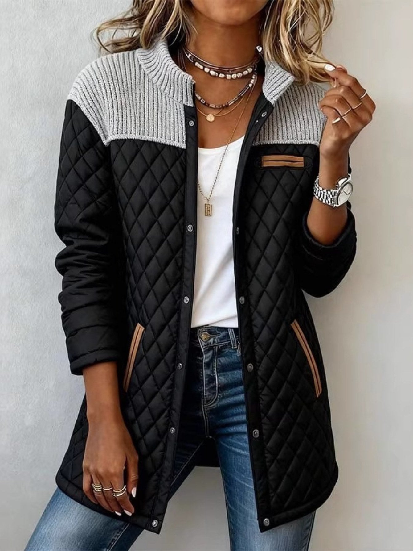HERTALK Women's Patchwork Round-neck Long-sleeved Pocket Loose Diamond American-style Jacket