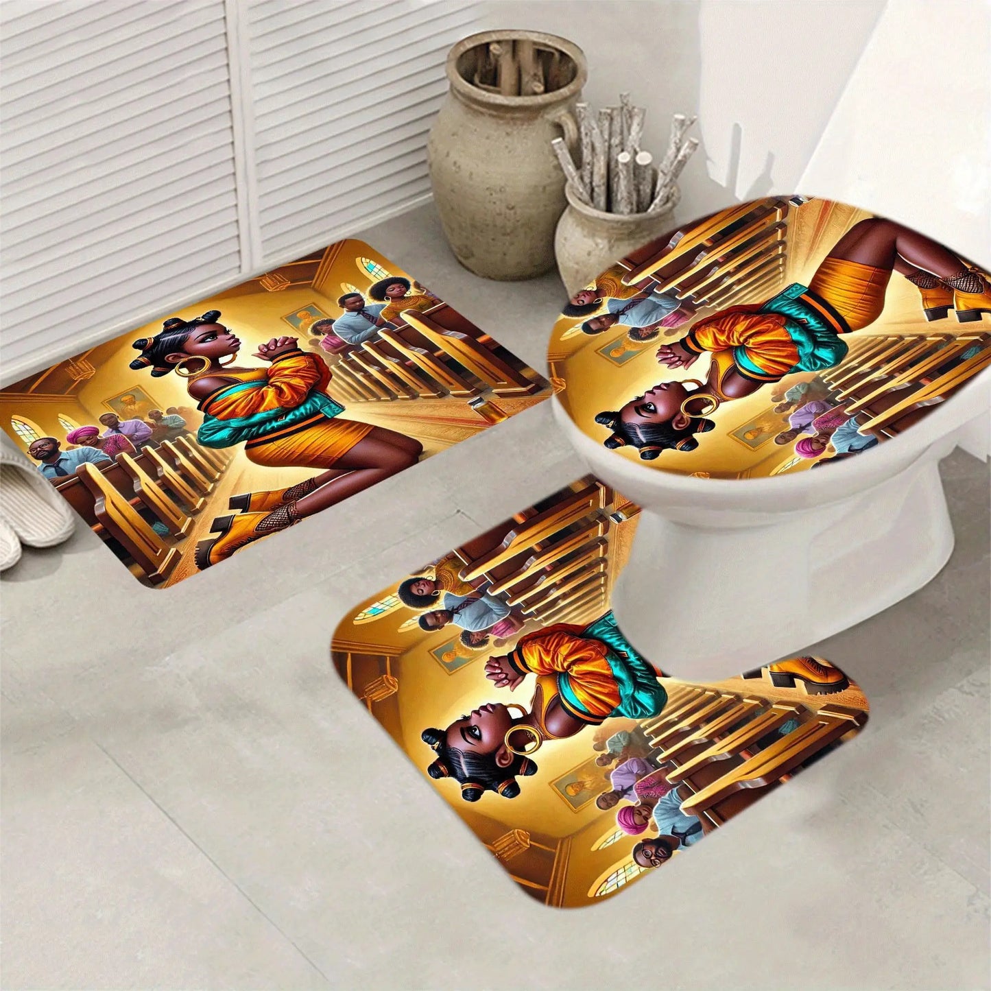 1/4 Shower Curtain Set - Christian Church Prayer Scene with Golden Pews, Non-Slip Bath Mat & Toilet Seat Cover, Machine Washable Bathroom Decor - Religious Bathroom Decoration for Christmas, Thanksgiving, Easter - Spiritual G