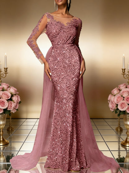 Plus Size, Women' Plus-Size Elegant Evening Gown - Long Train Wedding Dress with Lace Sleeves & Full Train, Round Neck Formal Dress for Prom, Galas, Balls - Luxury Formal Wear (Hand Wash/Dry) - - Wedding & Special Occasion Dr