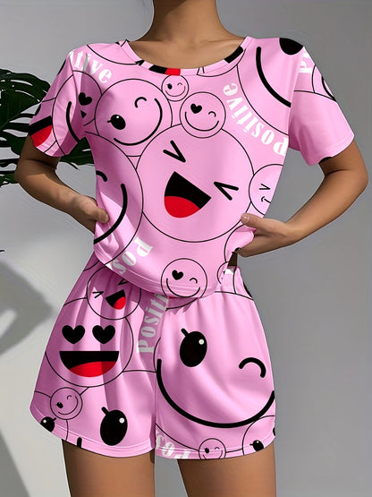Women's Pajamas Women's Casual Sleepwear Happy Theme Patterned Pajama Set, Soft Loose Fit Short Sleeve Top with Elastic Pants, Machine Washable and Dry Cleanable, Perfect Sleeping Choice
