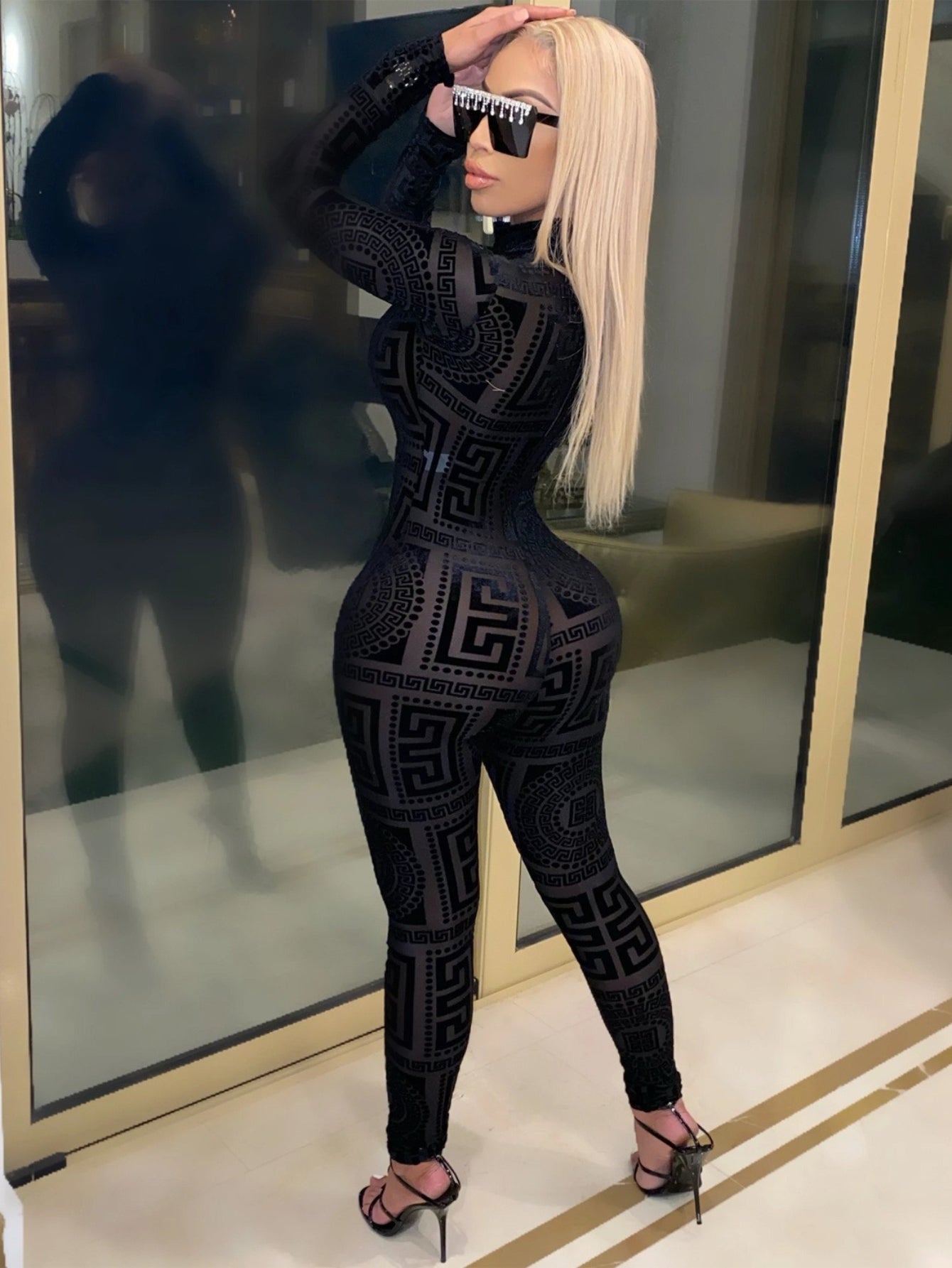 Women's Sexy Sheer Mesh Jumpsuit - Long Sleeve High Neck Bodysuit - Semi-Sheer Transparent Outfit (S-XXL) - Machine Washable All-Season Wear for Parties - Fashion Events - Tight-Fitting Lingerie Suit