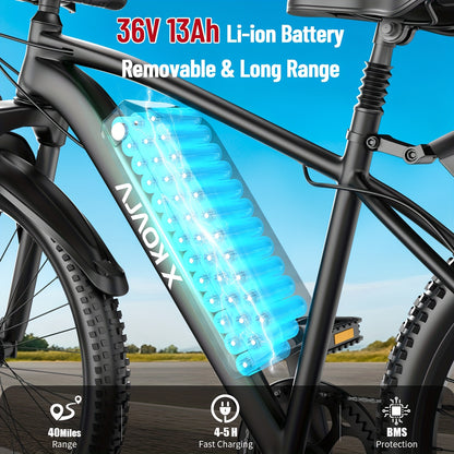 26" Heavy-Duty Adult Electric Mountain Bike with 700W Peak Motor & 36V10Ah Removable Battery - 40-50 Mile Range, 19 MPH High-Speed E-Bike, 7-Speed Gears, Front Suspension, All-Terrain Tires, Sturdy Frame & Disc Brakes - Long-