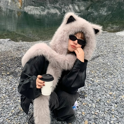 [Cat Ear Hat Scarf] A Soft Polyester Faux Fur Cat Ear Hat with an Integrated Scarf, Suitable for Both Men And Women in Winter, Stylish And Unisex, Lightweight, with a Closure, Perfect for Singles Parties.