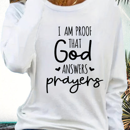 Women's Faith T-Shirt - "I Am Proof God Answers Prayers" Verse Print, Blue Long Sleeve Crew Neck Casual Top, 180gsm Heavyweight Religious Apparel for Church, Casual Attire & Prayer Outfits