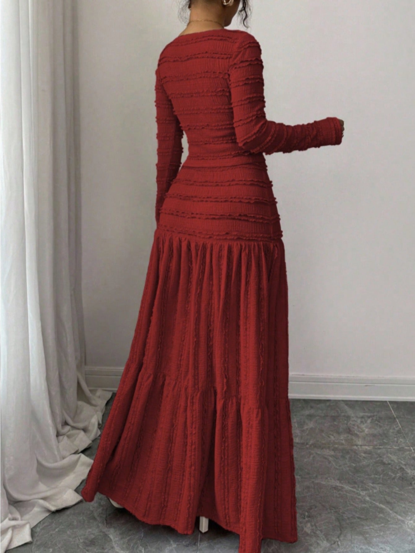 Burgundy Pleated Square Neck Long Dress | Women'S Vintage Elegance with Cinched Waist + Layered Skirt Perfect for New Year'S Gatherings, Family Dinners, and Dates