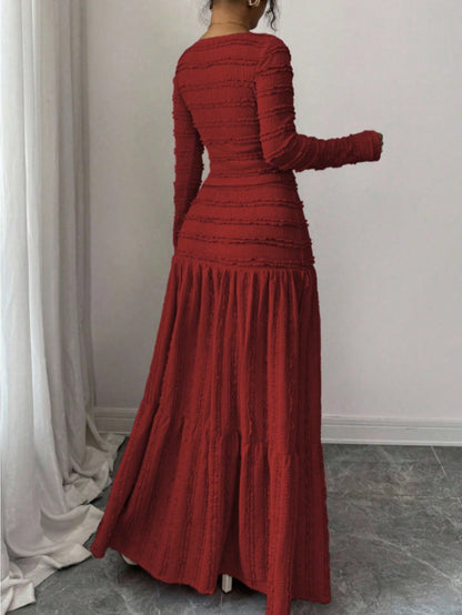 Burgundy Pleated Square Neck Long Dress | Women'S Vintage Elegance with Cinched Waist + Layered Skirt Perfect for New Year'S Gatherings, Family Dinners, and Dates