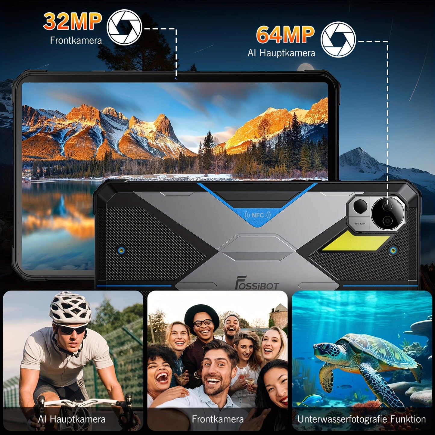 FOSSiBOT DT3 Outdoor Tablet 32GB RAM + 256GB ROM/2TB, Android 15, 10, 4'' 2K FHD Display, 21560mAh Akku Android-Tablet, 64MP+32MP Kamera, Octa-Core, 5G Dual SIM/WiFi 6/GPS/OTG/Camping LED-Blinker, Tablet, Pad