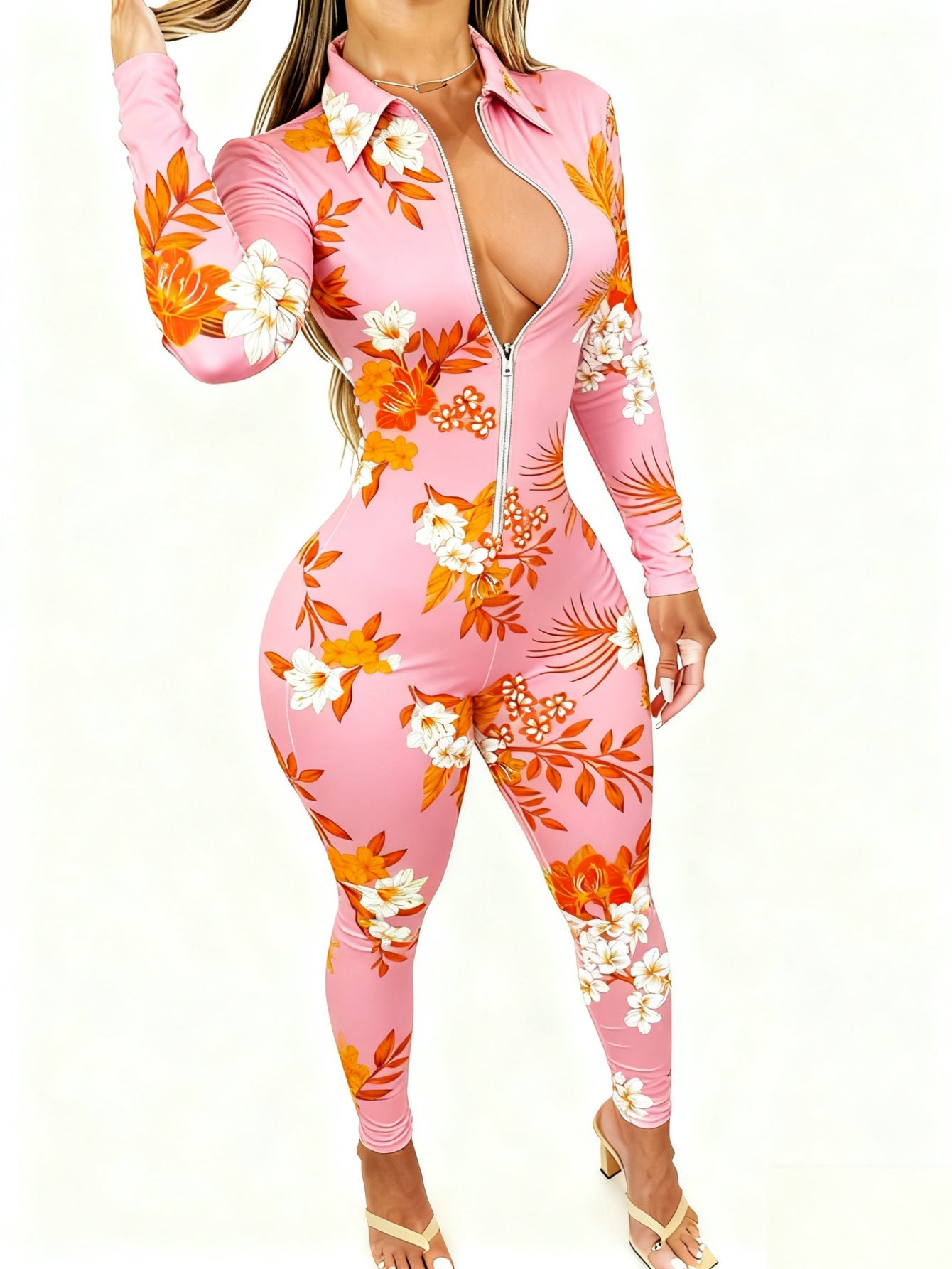 Women'S Allover Printed Jumpsuit - Long Sleeve with Zipper | Elegant Sexy, 4-Season Party & Special Occasion Outfit, Casual Style, Lapel Collar