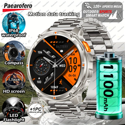 2025 Men's smart watch, 1.7-inch HD display, 1100mAh large-capacity battery, 90-day standby time, outdoor compass, wireless call, LED flashlight, 200+ dials, voice assistant, Men's watch, 120+ sports modes, fitness tracker wa
