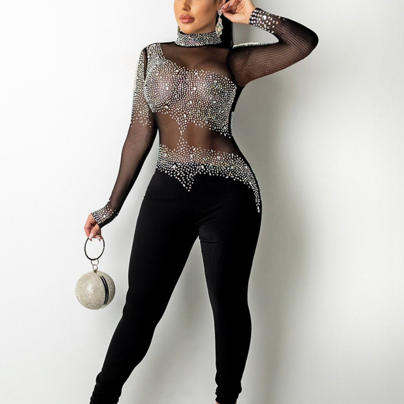 S390220 Black Sheer Diamond-Embellished Long Sleeve Leggings - Stylish Dress for a Sexy Party Dinner