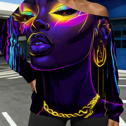 Plus Size - Women'S Plus Size Neon Glow-in-the-Dark Face Print Off-Shoulder Sweatshirt - Luminous Pink/Purple/Blue/Pink Long Sleeve Top, Asymmetrical Neckline Winter Warm Shirt for, Parties & Casual Wear, Machine Washable Ele