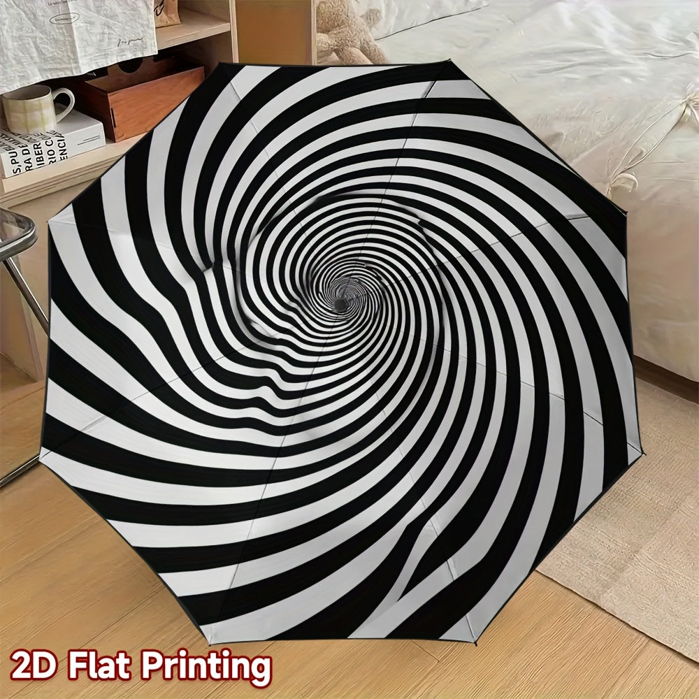 1pc Automatic Open/Close Umbrella with Auto-Folding Mechanism, 8-Rib Heavy-Duty Iron Frame & Black/White Spiral Canopy - Automatic Folding Portable Travel Umbrella for Men & Women, Compact  Umbrella for Everyday Carry, Perfec