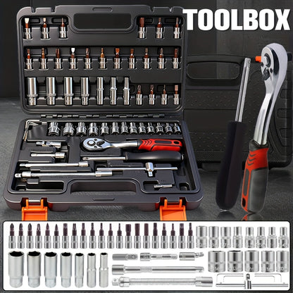 High-end Professional 45+1/44+2pcs Tool Set, Auto/bicycle Repair Machinery Kit, 1/2 Inch *1/4 Inch 3/8 Inch Drive Depth And Standard Wrench Set, Race-grade Auto Parts Repair Ratchet Wrench And Other Auto Repair Accessories To