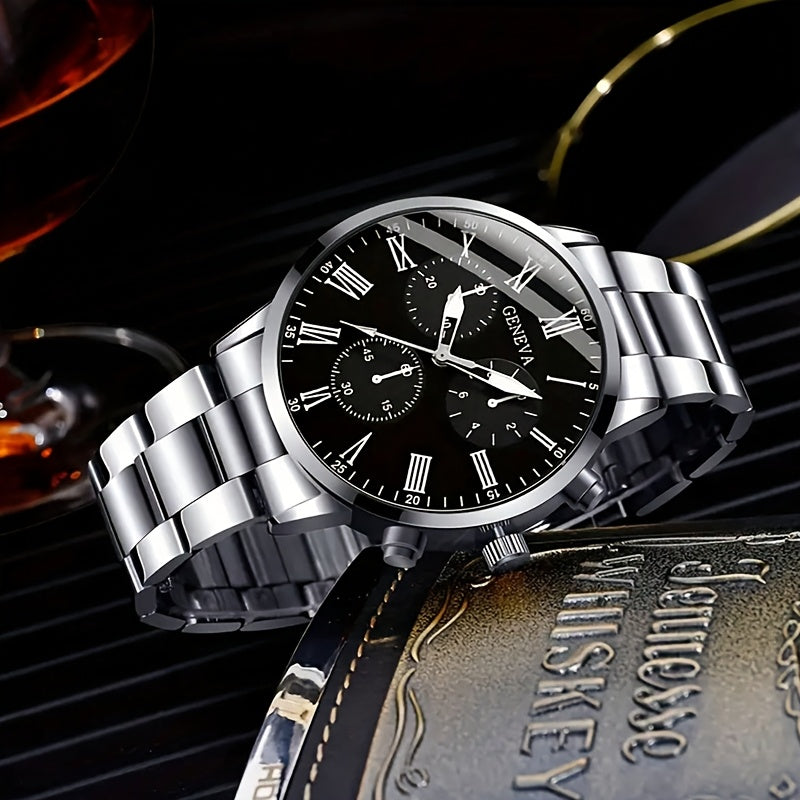 3pcs Set Men's Watch & Necklace Bracelet Set - Quartz Movement Analog Watches with Matching Bracelets, Analog with Hour/Minute/Second Hands, Round Face Business & Casual Wristwatch Collection for Gifts for Men (-)