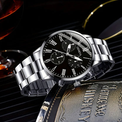 3pcs Set Men's Watch & Necklace Bracelet Set - Quartz Movement Analog Watches with Matching Bracelets, Analog with Hour/Minute/Second Hands, Round Face Business & Casual Wristwatch Collection for Gifts for Men (-)