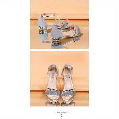 Women'S European-American Style Low Block Heel Sandals - Open-Toe with Adjustable Strap, Non-Slip Synthetic Sole - Size 43 (US 10.5) - for Parties, Weddings, Everyday - Summer Women'S Shoes, Wedding Footwear, Rhinestone Embel