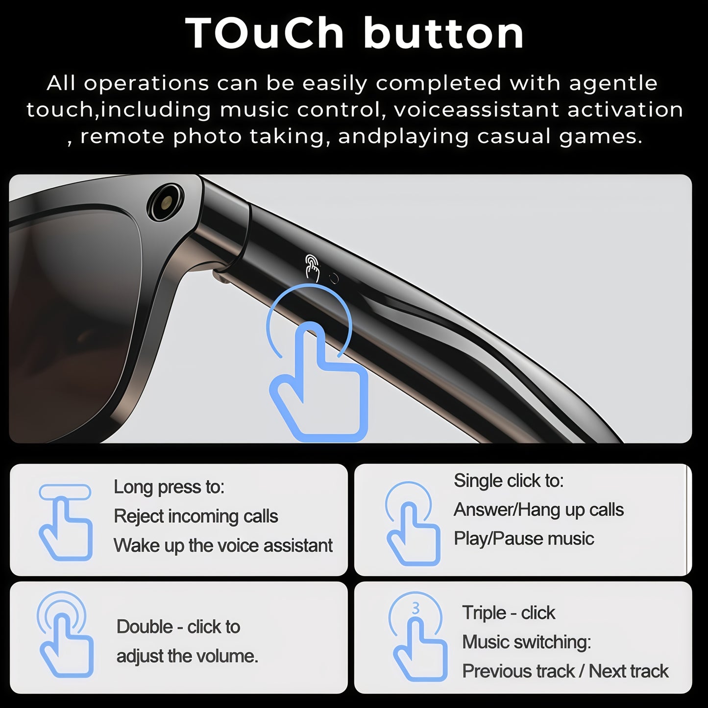 The New Smart Glasses Support Touch Control And AI Chat, GPT Large Model AI Intelligence, Wireless Calls, High-definition Music Anti-shake Shooting, Real-time Translation, Blue Light Protection, Dual-microphone Noise Reductio