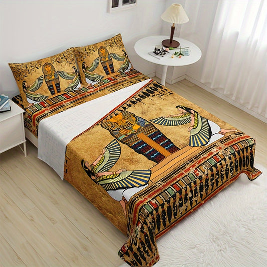 Egyptian Art Print 4-Piece Bedding Set - 1 Fitted Sheet, 1 Flat Sheet, 2 Pillowcases - Soft, Breathable Polyester, Digital Print, All-Season Comfort, Machine Washable