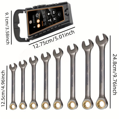 8pcs Black nickel ratchet wrench set, fixed head dual head dual-use wrench, 72 teeth industrial use, CRV steel material, industrial wrench, sturdy and durable, suitable for industrial tools such as motorcycle, car maintenance