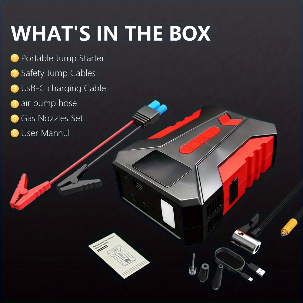 12000A Peak Car Emergency Starter & 250PSI Portable Tire Inflator, 12V (Allgas/ 2.11 Gallons Diesel) Quick Start Vehicle, Portable Car Battery Charger, USB Input/ Output, LED Emergency Light, Auto Additions Tool