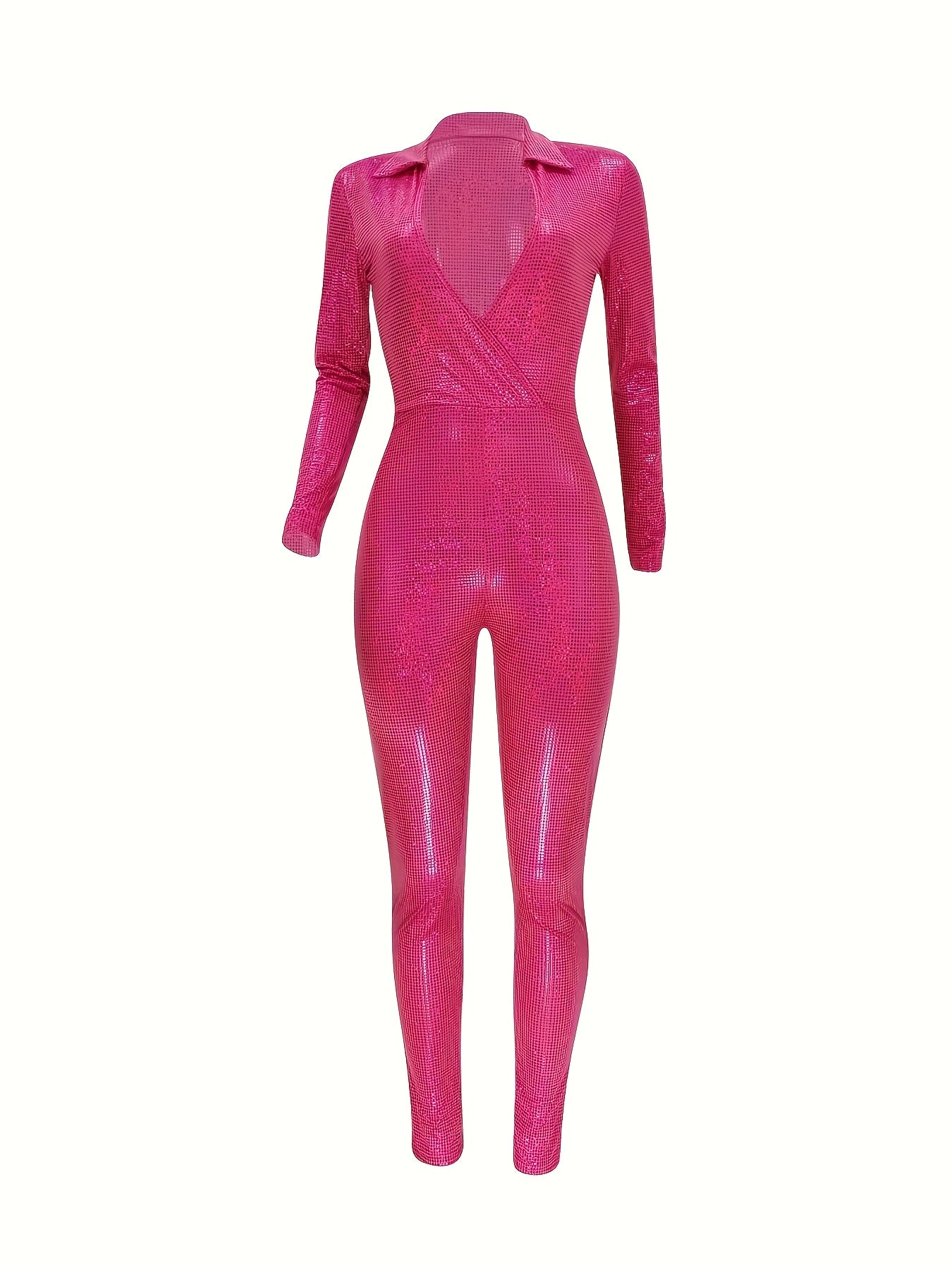 European And American Women'S Metallic Texture Light Mature Deep V-neck Long Sleeved Tight Jumpsuit