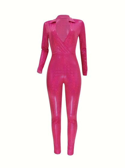 European And American Women'S Metallic Texture Light Mature Deep V-neck Long Sleeved Tight Jumpsuit