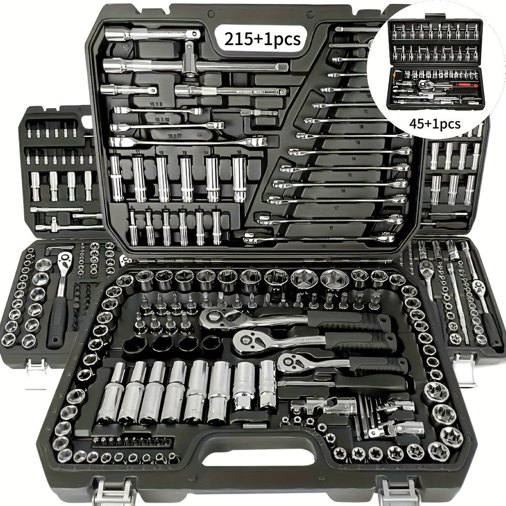High-end Professional 45+1/215+1pc Tool Set, Auto/bicycle Repair Machinery Kit, 1/2 Inch *1/4 Inch 3/8 Inch Drive Depth And Standard Wrench Set, Race-grade Auto Parts Repair Ratchet Wrench And Other Auto Repair Accessories To