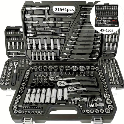 High-end Professional 45+1/215+1pc Tool Set, Auto/bicycle Repair Machinery Kit, 1/2 Inch *1/4 Inch 3/8 Inch Drive Depth And Standard Wrench Set, Race-grade Auto Parts Repair Ratchet Wrench And Other Auto Repair Accessories To