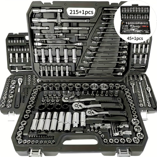 High-end Professional 45+1/215+1pc Tool Set, Auto/bicycle Repair Machinery Kit, 1/2 Inch *1/4 Inch 3/8 Inch Drive Depth And Standard Wrench Set, Race-grade Auto Parts Repair Ratchet Wrench And Other Auto Repair Accessories To