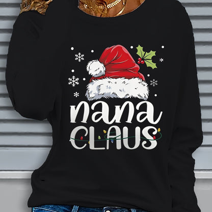 Women'S Christmas Santa Claus & Nana Claus Graphic Print Long Sleeve T-Shirt - Cozy Crew Neck Casual Top with Festive Snowflake & Santa Hat Design, Perfect For Fall/winter Holiday Celebrations, Christmas Shirts