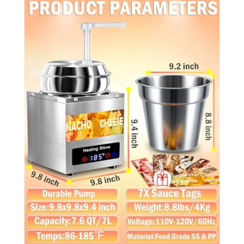 Nacho Cheese Dispenser with Pump - 7.6 QT Nacho Cheese Sauce Warmer Machine Hot Fudge Warmer with 6-Level Temperature Adjustment Commercial Dispenser for Syrup Hot Chili Caramel Peanut Butter