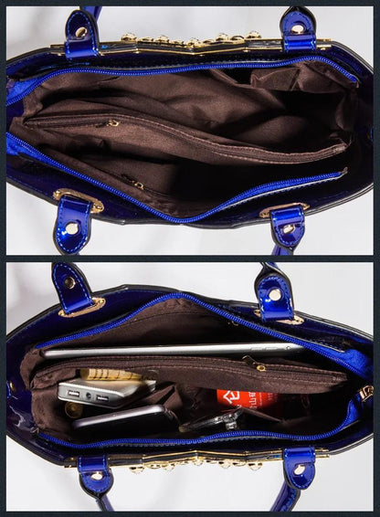 Designer Floral Embroidery Patent Leather Handbag for Women, Large Capacity Shoulder Tote with Zipper Closure, Polyester Lined, Paint Detail, Party Bag
