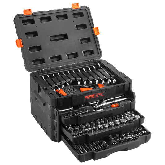 450pcs VEVOR Heavy-Duty Mechanics Tool Set & Socket Kit - 1/4"/3/8"/1/2" Drive SAE & Metric, 450pcs All-in-One Professional/Residential Tool Kit with Deep/Standard Sockets, -Resistant Case, Wrenches, Bolts/Rivets Removal