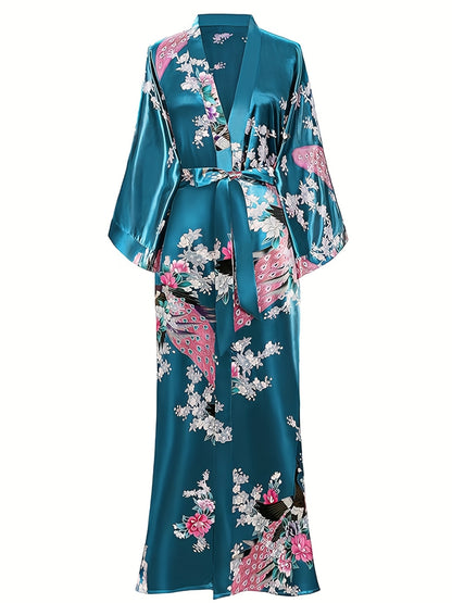 Elegant Floral Kimono Women's Robe - Soft and Light Beige-Friendly V-Neck Geometric Pattern All-Season Comfortable Casual Pajamas Pajamas