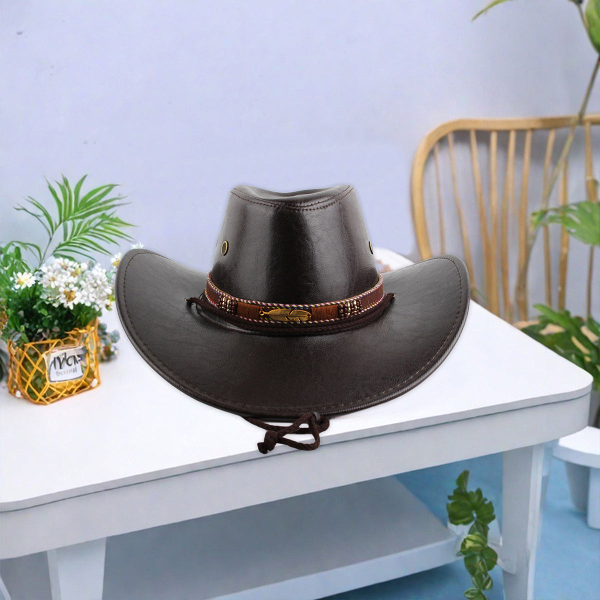 Women Men Western Hat Faux Leather Wide Brim Cowgirl Cap Sun Protection Hat for Outdoor Party