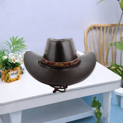 Women Men Western Hat Faux Leather Wide Brim Cowgirl Cap Sun Protection Hat for Outdoor Party